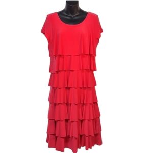 Libra Red Women's Ruffled Shortsleeve Crewneck Stretch Soft Dress Size Medium